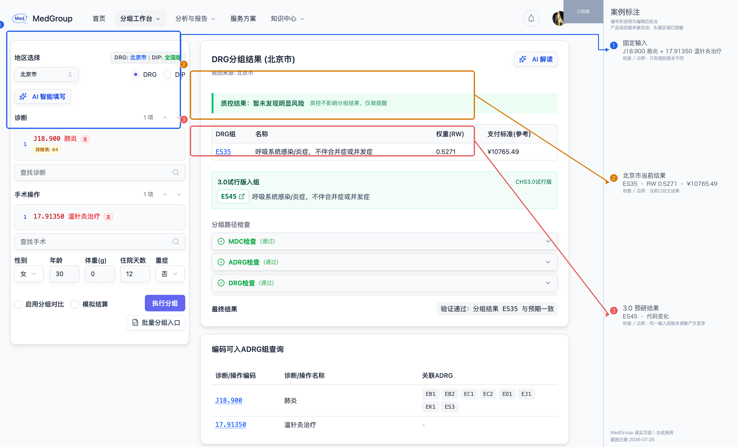 同一北京 DRG 病例在当前口径与 预研口径下的对比(宽屏标注图)