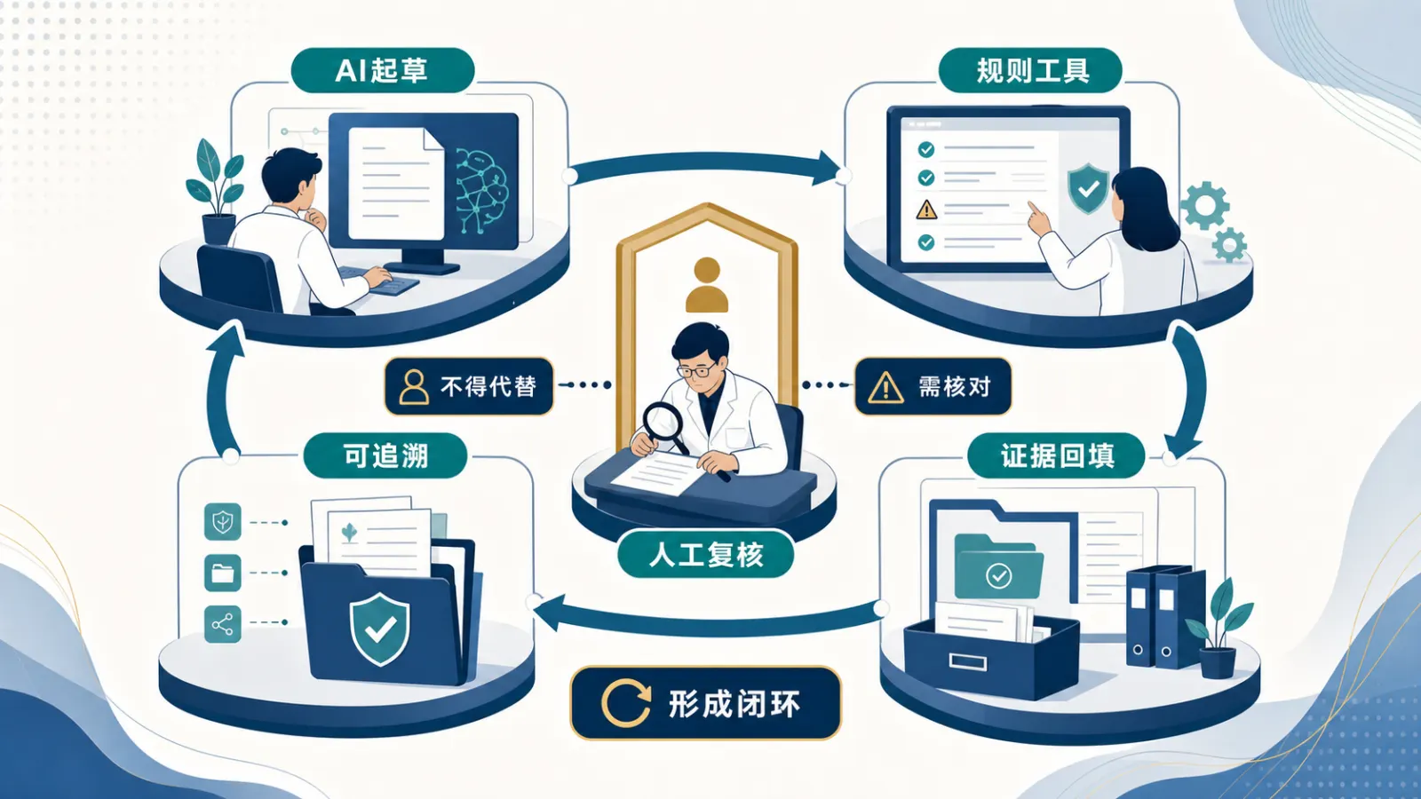 AI 起草后交给规则工具校验，再由人工复核并把证据回填，形成可追溯闭环